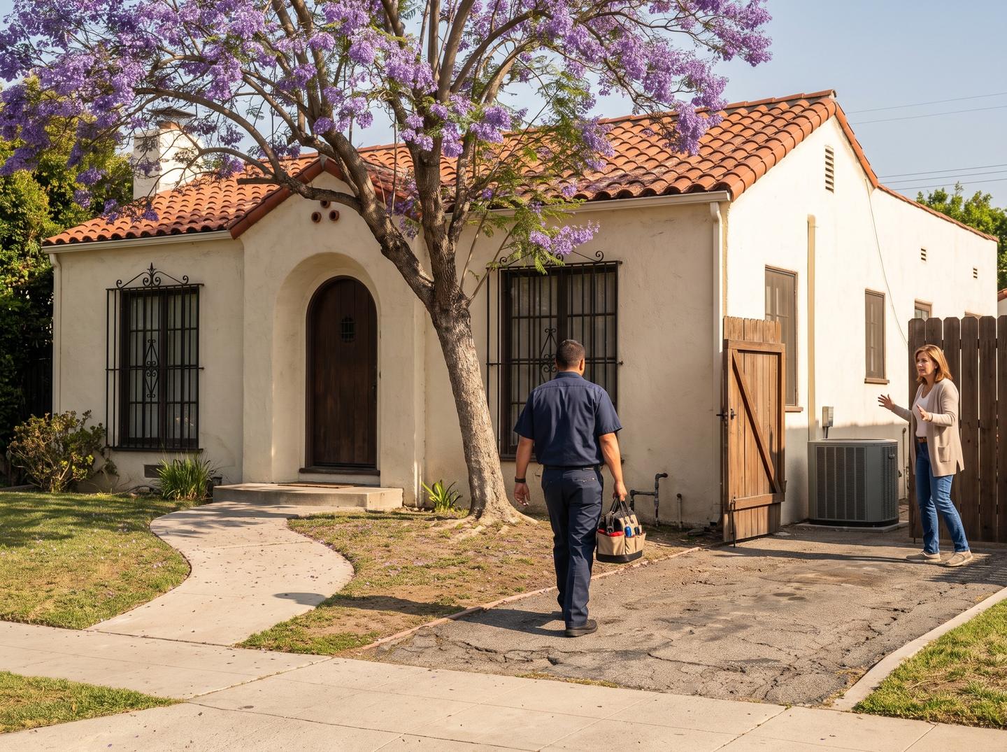 A technician carrying a toolbag walks up the driveway of a Spanish-style house under a jacaranda in bloom, where the homeowner holds the side gate open beside the outdoor air conditioning unit
