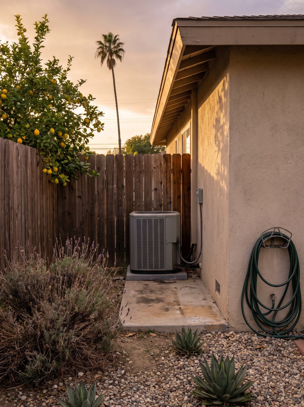 The outdoor air conditioning unit of a Valley ranch house in the shade of a wooden fence and a lemon tree on a July evening