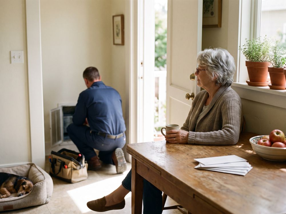 An older homeowner sits at her kitchen table with a cup of tea while a technician kneels at a wall vent across the room
