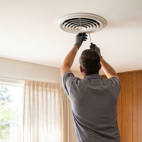 A technician on a step ladder fits a new ceiling air register in a mid-century living room