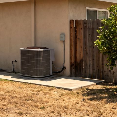 An outdoor air conditioning unit on a concrete pad beside a stucco house, with a wooden fence and a lemon tree